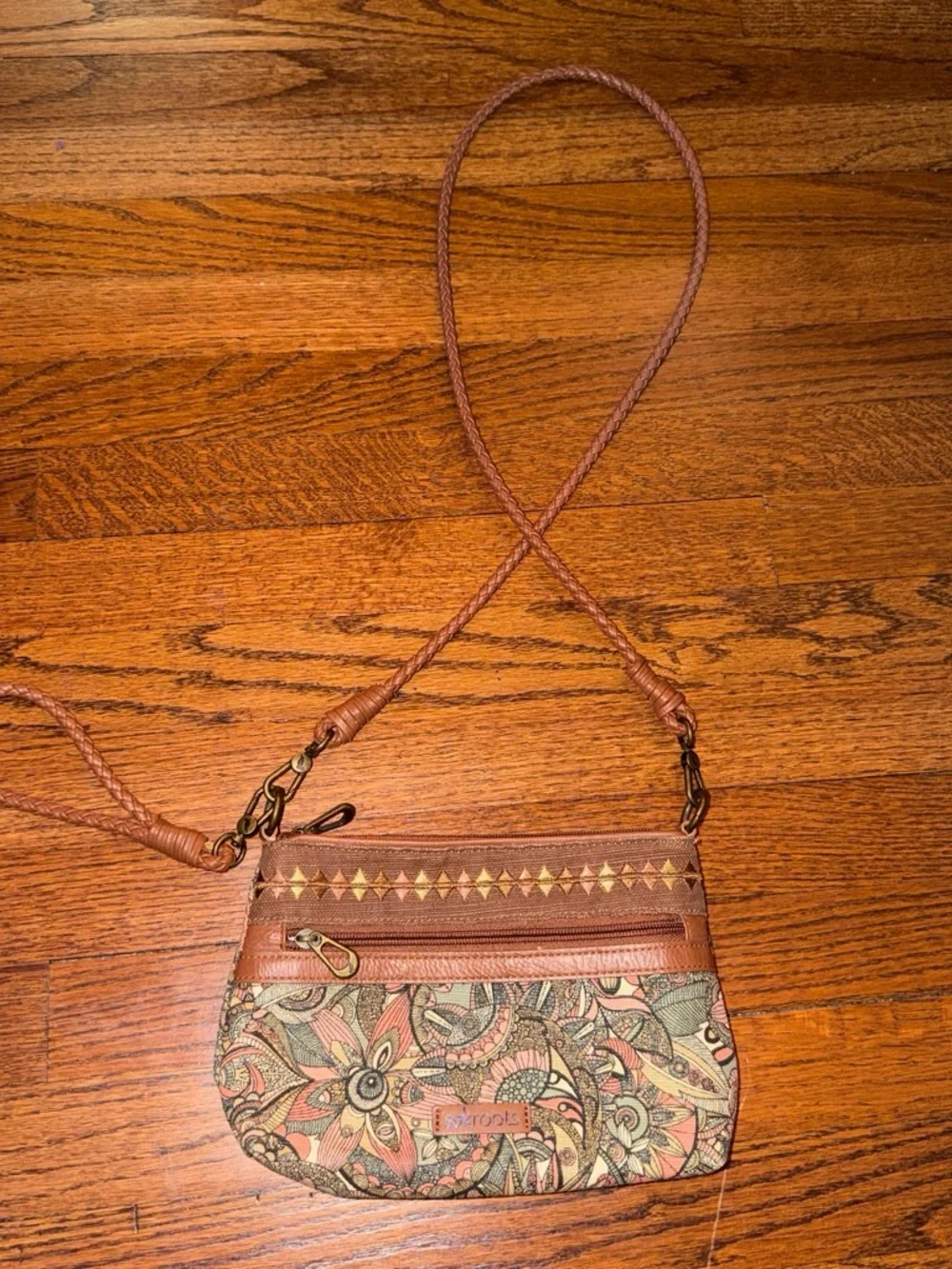 Sakroots Brown Floral Canvas Wristlet with Pink & Cream Accents